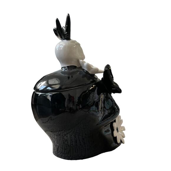 Halloween Skull Cookie Jar Canister w/ Lid Hand Painted Black White Spooky NEW - Picture 16 of 16
